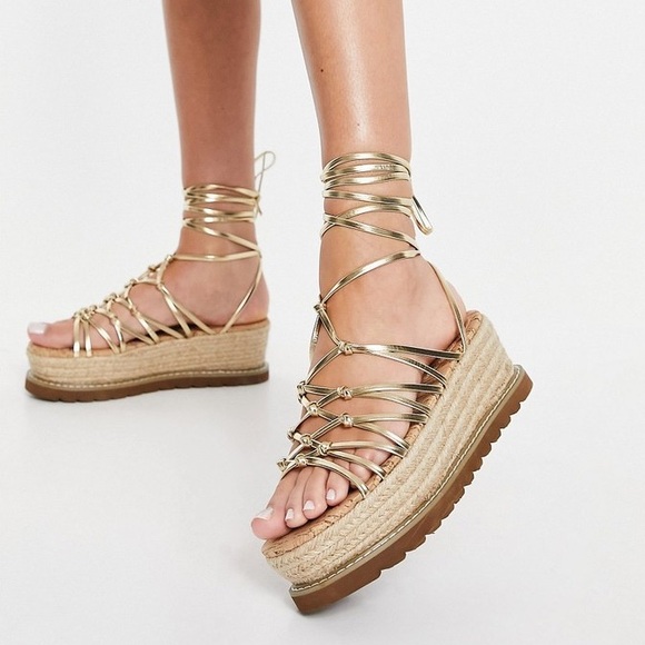 ASOS Shoes - ASOS Design Gold Knotted Wells Platform Espadrille Sandals Size 10
